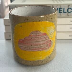 Studio Art Pottery Tumbler 3.5" Glazed Beige Speckled Yellow Cloud Signed